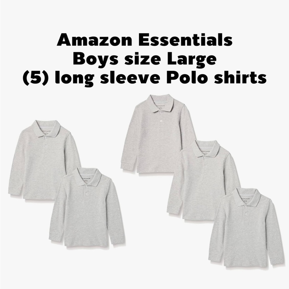 Amazon Essentials (5) boys size large polo long sleeve school uniform shirts.